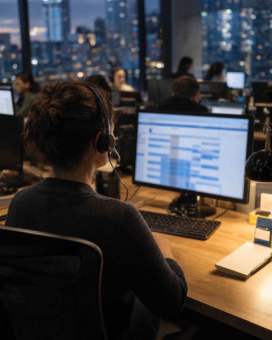 A PrimeCS agent on a call in the Montréal office