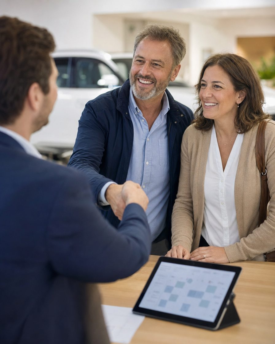 A salesperson greets a couple arriving for their appointment
