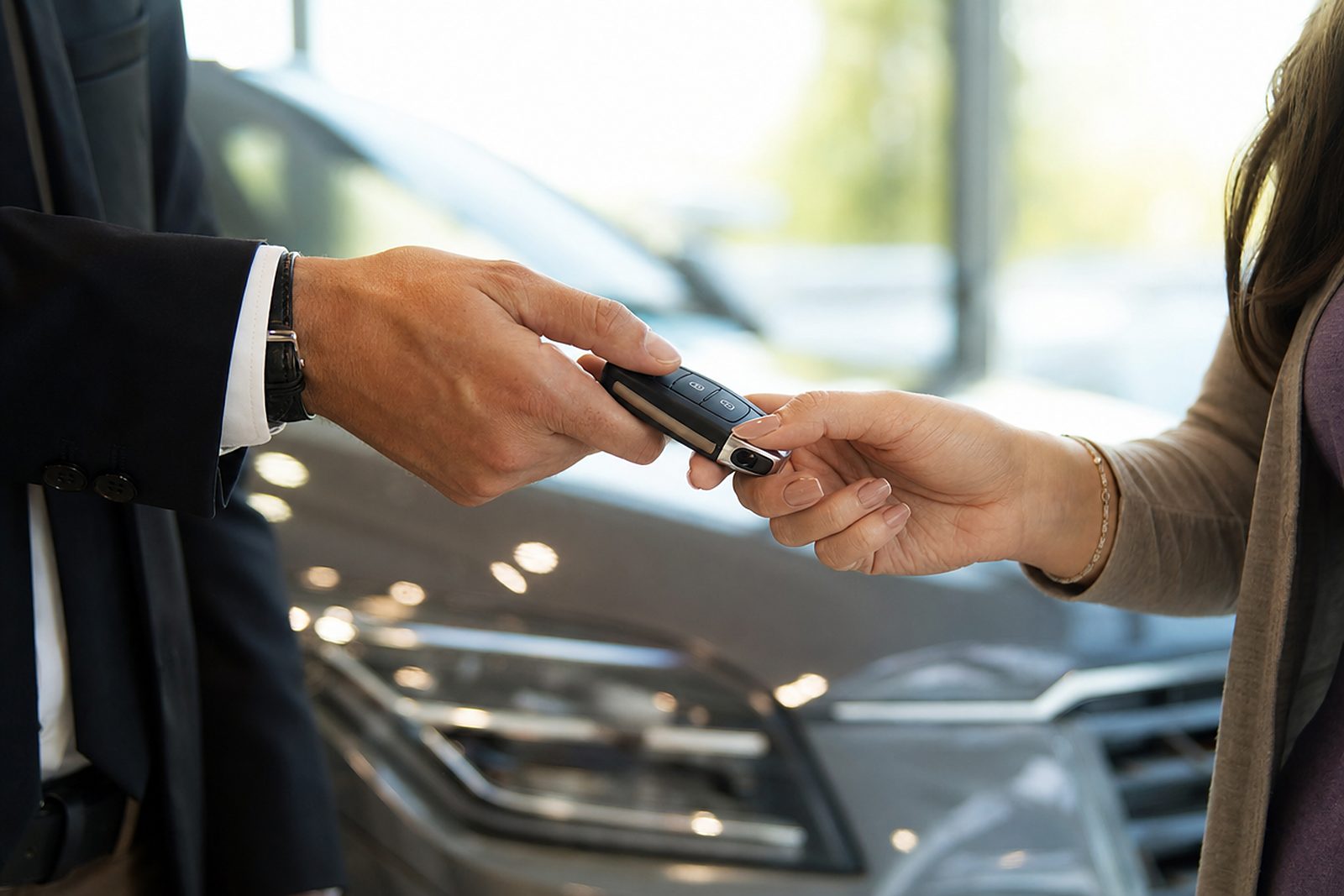 A salesperson hands car keys to a customer